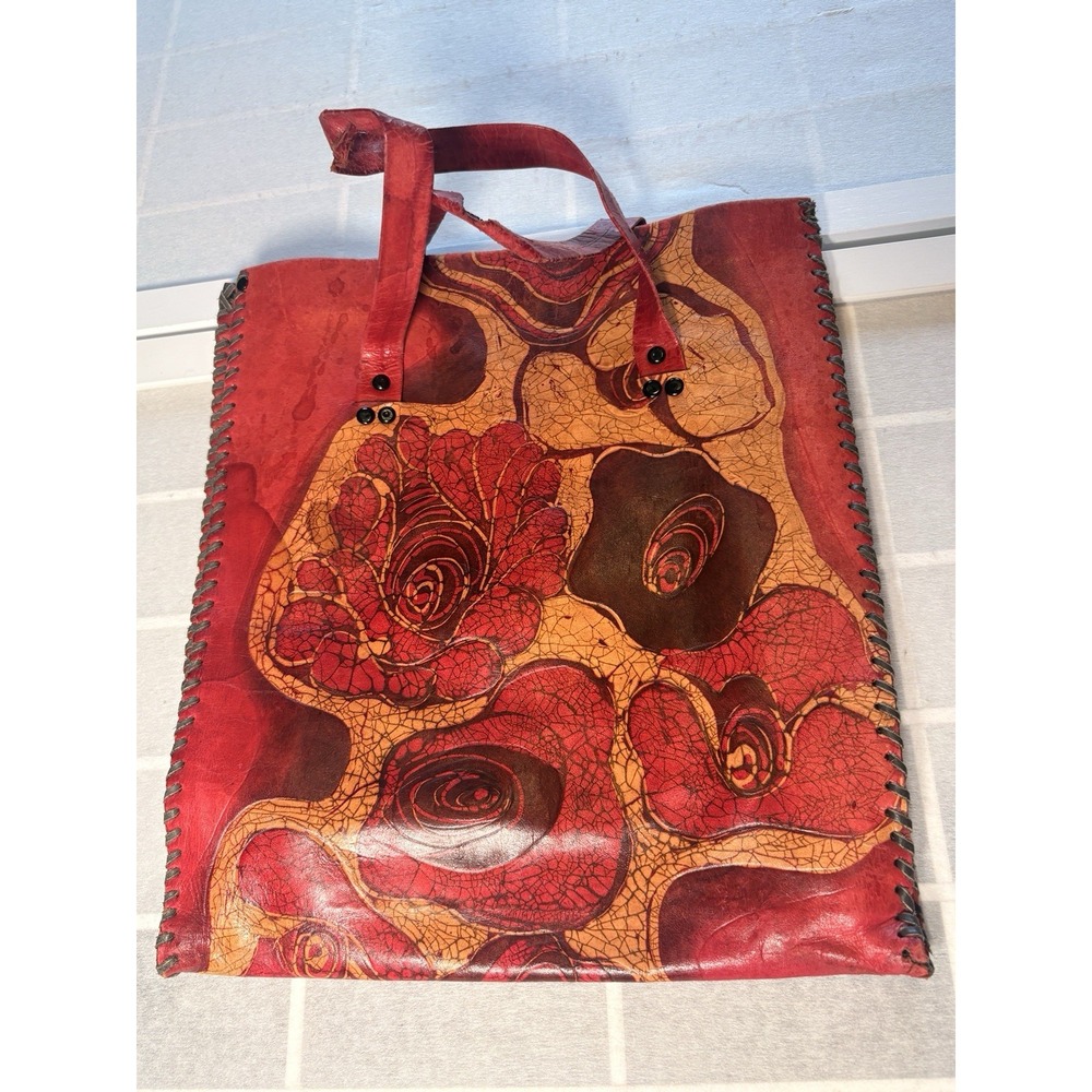Vintage 70s Hand Tooled Floral Leather Tote Bag Red Whipstitch Boho Shoulder